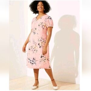 Loft Muted Pink Floral Smocked Back Midi Dress Puff Sleeved Plus Size 18 NWT
